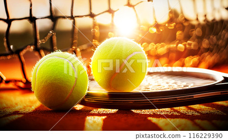 Two Tennis Balls and a Racket on a Tennis Court - Generative Ai 116229390