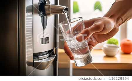 Unrecognizable Man Filling Glass From Refrigerator Water Dispenser - Generative Ai 116229394