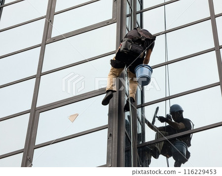 Workers cleaning glass windows of a building Workers cleaning glass windows of a building 116229453