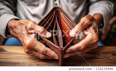 Wrinkled Hands of a Senior Man Showing His Empty Wallet - Generative Ai 116229466
