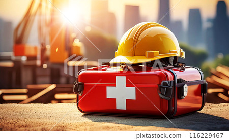 Yellow-Orange Safety Helmet and Red First Aid Kit on Construction Site - Generative Ai 116229467