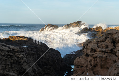 Ocean Surf, Sea Waves in Essaouira, Morocco Coast, Surf Motion with Foam and Spray 116229518