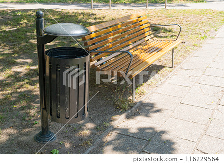 Modern Iron Wood Garbage Bin, Black Trash Can on Street, Concrete Metal Waste Bin for Mix Trash 116229564