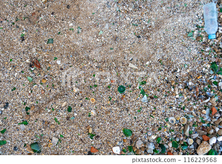Microplastics on Sand Beach. Micro Plastics Garbage, Tiny Trash Pieces, Microplastic Waste, Dirty Shore 116229568
