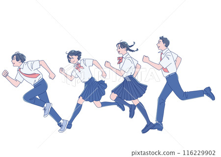 Male and female students running with smiles 116229902