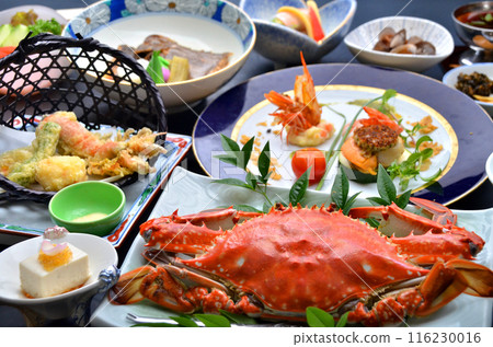 A luxurious dinner table filled with the bounty of the sea A luxurious dinner table filled with the bounty of the sea 116230016