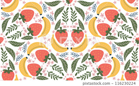 Cheerful seamless pattern featuring illustrations of bananas, red strawberries, pink flowers, and green leaves, arranged in a diamond-shaped design. Modern, organic vector style with flat colors. 116230224