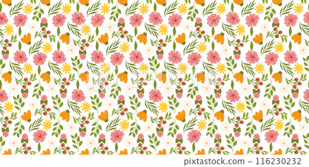 Seamless arrangement featuring floral elements. Botanical-inspired repetitive fabric or wallpaper design with yellow and orange flowers, red berries, leaves, and cherry blossom. Seamless arrangement featuring floral elements. Botanical-inspired repetitive fabric or wallpaper design with yellow and orange flowers, red berries, leaves, and cherry blossom. 116230232