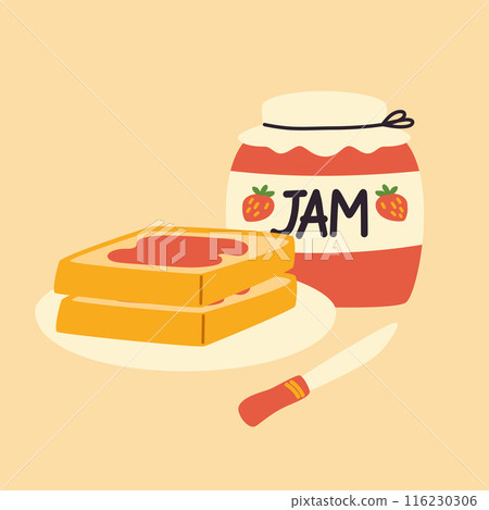 Illustration of breakfast food. Jam and sandwiches. Bread snack. 116230306