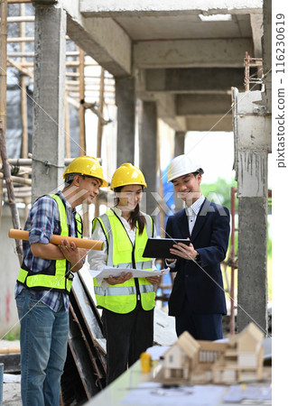 Team of structural engineers and businessman planning development details about project at construction site 116230619