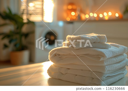 Neatly folded white towels in a warm and cozy laundry room, illuminated by soft lighting. Ideal for promoting laundry services, home care products, and cleanliness. 116230666