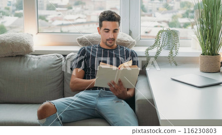 Enjoying reading. Weekend leisure. Relaxing hobby. Peaceful man sitting on comfortable sofa with interesting bestseller book in daylight living room interior at home. 116230803