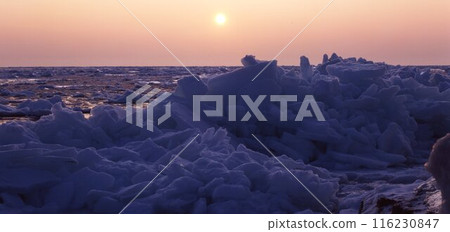 Sunset over the icy sea of Okhotsk, Nishi-Utoji, Hokkaido Sunset over the icy sea of Okhotsk, Nishi-Utoji, Hokkaido 116230847