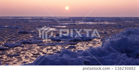 Sunset over the icy sea of Okhotsk, Nishi-Utoji, Hokkaido Sunset over the icy sea of Okhotsk, Nishi-Utoji, Hokkaido 116230882