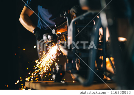 Motorcycle repair. Disassembled motorcycle. Fixing motorcycle standing in repair shop. Instruments. 116230953