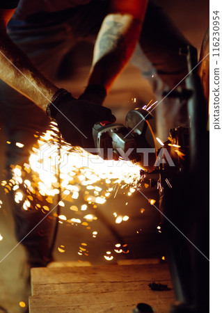 Motorcycle repair. Disassembled motorcycle. Fixing motorcycle standing in repair shop. Instruments. 116230954