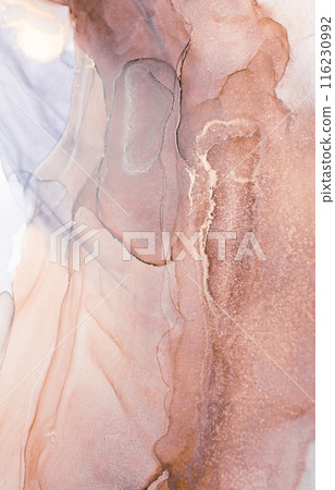 A close-up image showcasing a captivating abstract design created with ink. The colors blend seamlessly, creating a mesmerizing visual experience with shades of peach, ivory, and hints of gold 116230992