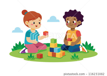 Two children are playing with blocks in a grassy area 116231082