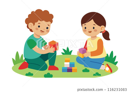 Two children are playing with blocks in a grassy area 116231083