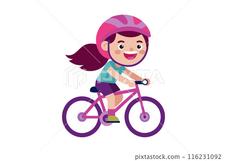 A girl is riding a bike with a pink helmet A girl is riding a bike with a pink helmet 116231092