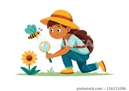 A girl is looking at a flower with a magnifying glass A girl is looking at a flower with a magnifying glass 116231096