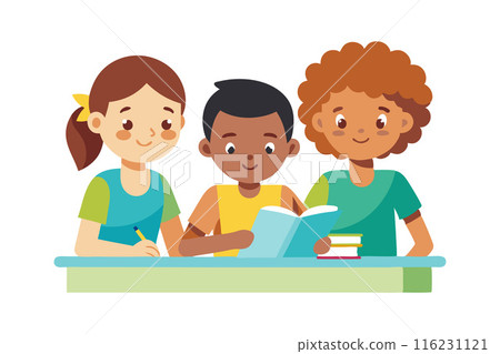 Three children are sitting at a table reading a book Three children are sitting at a table reading a book 116231121