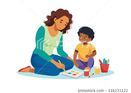 A woman and a child are sitting on the floor, drawing together A woman and a child are sitting on the floor, drawing together 116231122