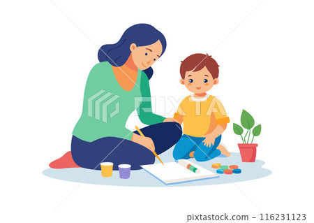 A woman and a boy are drawing together A woman and a boy are drawing together 116231123