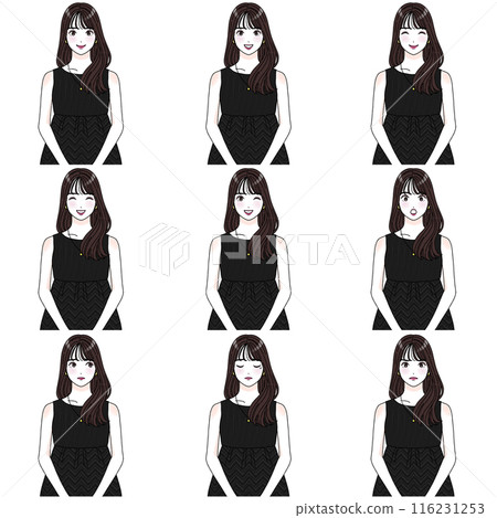 一個長黑髮的女人的插圖面部表情集 116231253