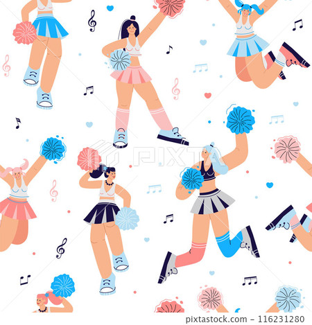 Seamless pattern Cheer leading girls dancers figure vector Sport support. High school, college formation. Gymnastic pose. Energy dance. 116231280