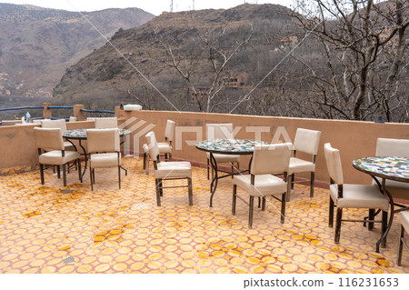 Street Restaurant Table in Moroccan Cafe Mountains View, Winter Morocco, Empty Cafe Tables, Authentic Exotic 116231653