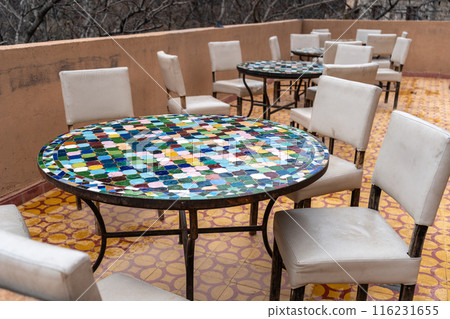 Street Restaurant Table in Moroccan Cafe Mountains View, Winter Morocco, Empty Cafe Tables, Authentic Exotic 116231655
