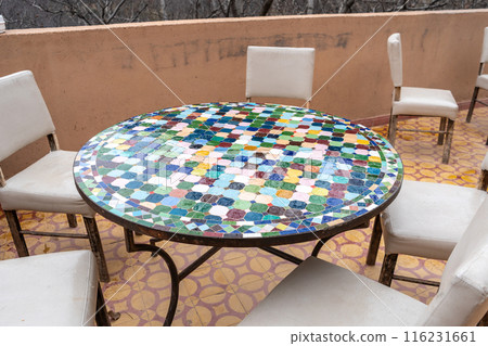 Street Restaurant Table in Moroccan Cafe Mountains View, Winter Morocco, Empty Cafe Tables, Authentic Exotic 116231661