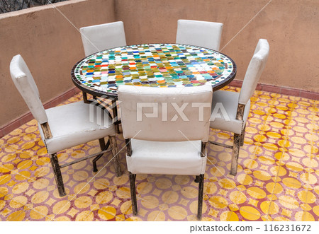 Street Restaurant Table in Moroccan Cafe Mountains View, Winter Morocco, Empty Cafe Tables, Authentic Exotic Street Restaurant Table in Moroccan Cafe Mountains View, Winter Morocco, Empty Cafe Tables, Authentic Exotic 116231672