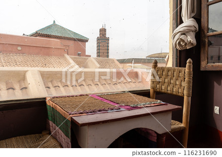 Marrakech Restaurant Table, Empty Moroccan Cafe Tables, Authentic Exotic Bistro Seat, Bar Terrace Marrakech Restaurant Table, Empty Moroccan Cafe Tables, Authentic Exotic Bistro Seat, Bar Terrace 116231690