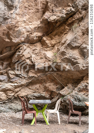 Restaurant Table in Moroccan Cafe, Cheap Plastic Empty Cafe Tables, Authentic Exotic Bistro Seat 116231698