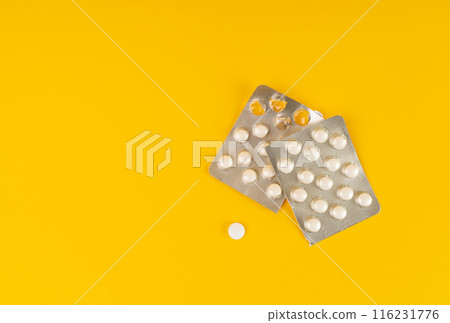 Pill Blister on Color Background, Silver Medicine Capsule Package, Drugs Packaging, Pill Pack Pill Blister on Color Background, Silver Medicine Capsule Package, Drugs Packaging, Pill Pack 116231776