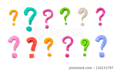 Plasticine question mark, modeling clay quiz symbol, clay dough ask point, faq 3d icon, problem, help sign Plasticine question mark, modeling clay quiz symbol, clay dough ask point, faq 3d icon, problem, help sign 116231797