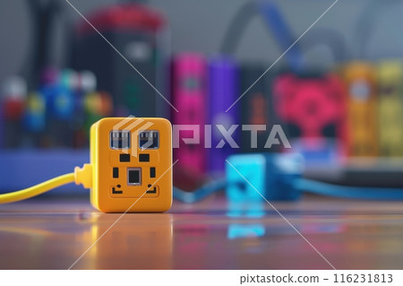 A yellow plug with four outlets sits on a table with Generative AI 116231813