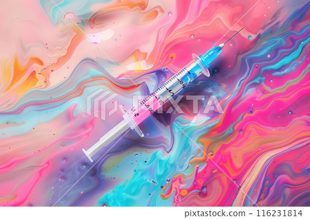 A syringe is placed on a colorful background with Generative AI 116231814