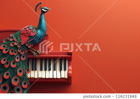 A blue and green peacock is perched on top of a piano with Generative AI 116231848