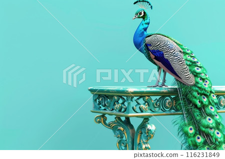 A beautiful blue and green peacock stands on a table with Generative AI 116231849