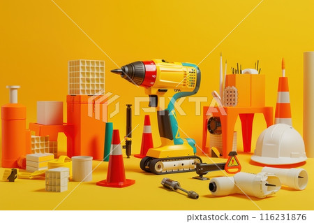 A yellow background with a yellow and blue toolbox and a yellow and blue drill with Generative AI A yellow background with a yellow and blue toolbox and a yellow and blue drill with Generative AI 116231876