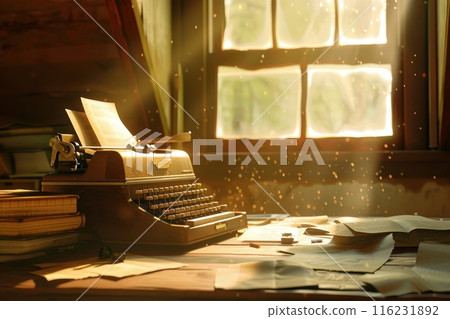 A typewriter sits on a desk with a window behind it with Generative AI 116231892