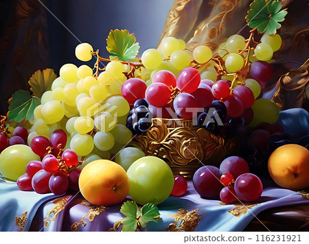 White and red grapes placed on a velvet cloth. 116231921