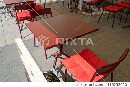 Street Restaurant Table, Empty Cafe Tables, Bistro Seat, Bar Terrace, Outdoor Restaurants, Cafeteria Street Restaurant Table, Empty Cafe Tables, Bistro Seat, Bar Terrace, Outdoor Restaurants, Cafeteria 116232030