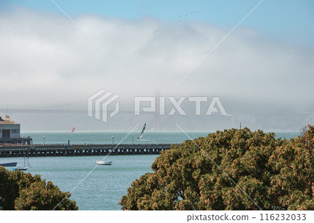 Serene waterfront view in San Francisco. Lush greenery frames bay with boats sailing. Pier leads to Golden Gate Bridge in light mist. Sky is calm blue. Typical day in SF. 116232033