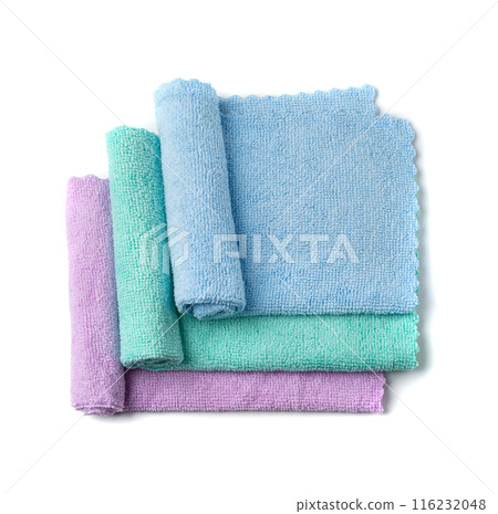 Cleaning cloth stack isolated. Wipe rag, cleaning microfiber towel, wiping cotton napkin, microfibre fabric 116232048