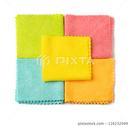 Cleaning cloth stack isolated. Wipe rag, cleaning microfiber towel, wiping cotton napkin, microfibre fabric 116232049