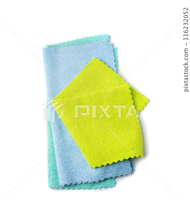 Cleaning cloth stack isolated. Wipe rag, cleaning microfiber towel, wiping cotton napkin, microfibre fabric Cleaning cloth stack isolated. Wipe rag, cleaning microfiber towel, wiping cotton napkin, microfibre fabric 116232052